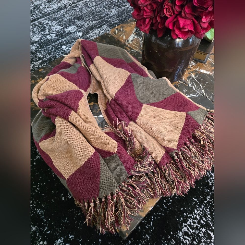 VHC, Inc Primitive Throw Burgundy Tan Vasarely Woven Blanket 64x48 Fringe
